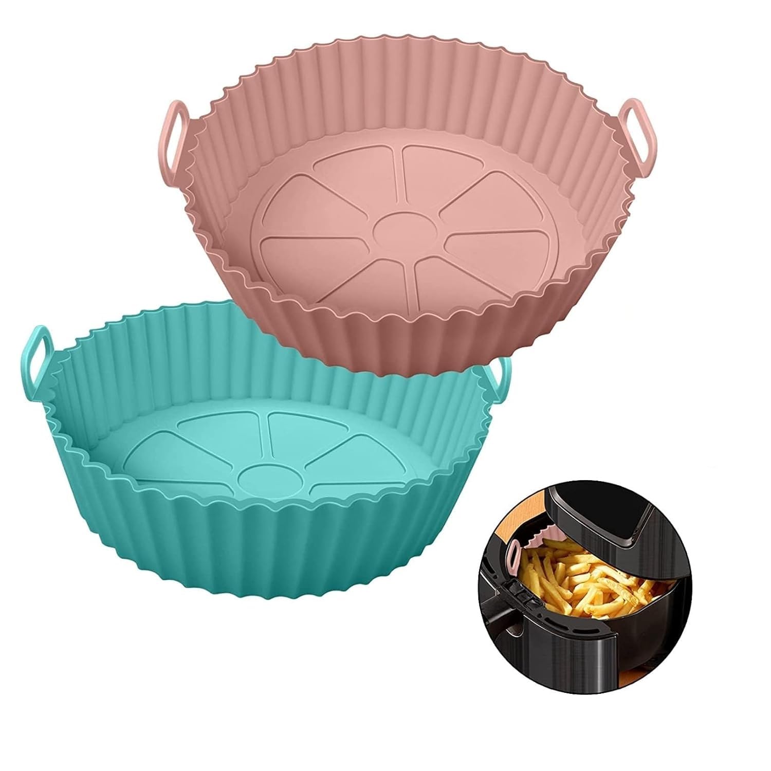 Air Fryer Liners Round Silicone Basket ||Baking Tray Pot with Ear Handles || Nonstick Reusable Heat Resistant Cooking Oven Insert Accessories (Multicolor) || 8 inch, Pack of 2-image-16