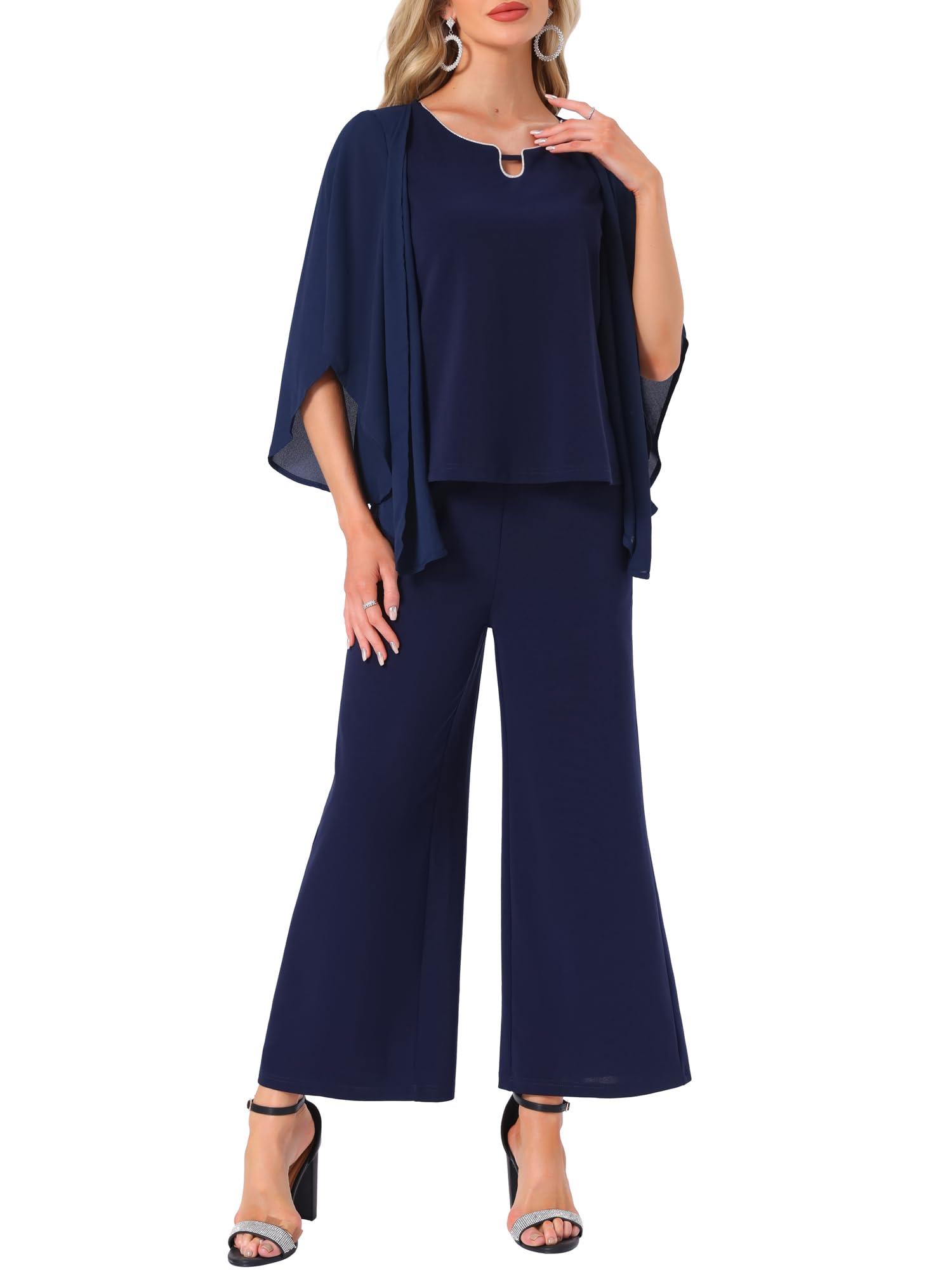 Womens Dressy Pantsuits Wedding 2 Pieces Sets Formal Chiffon Top Mother of Bride Pants Suits