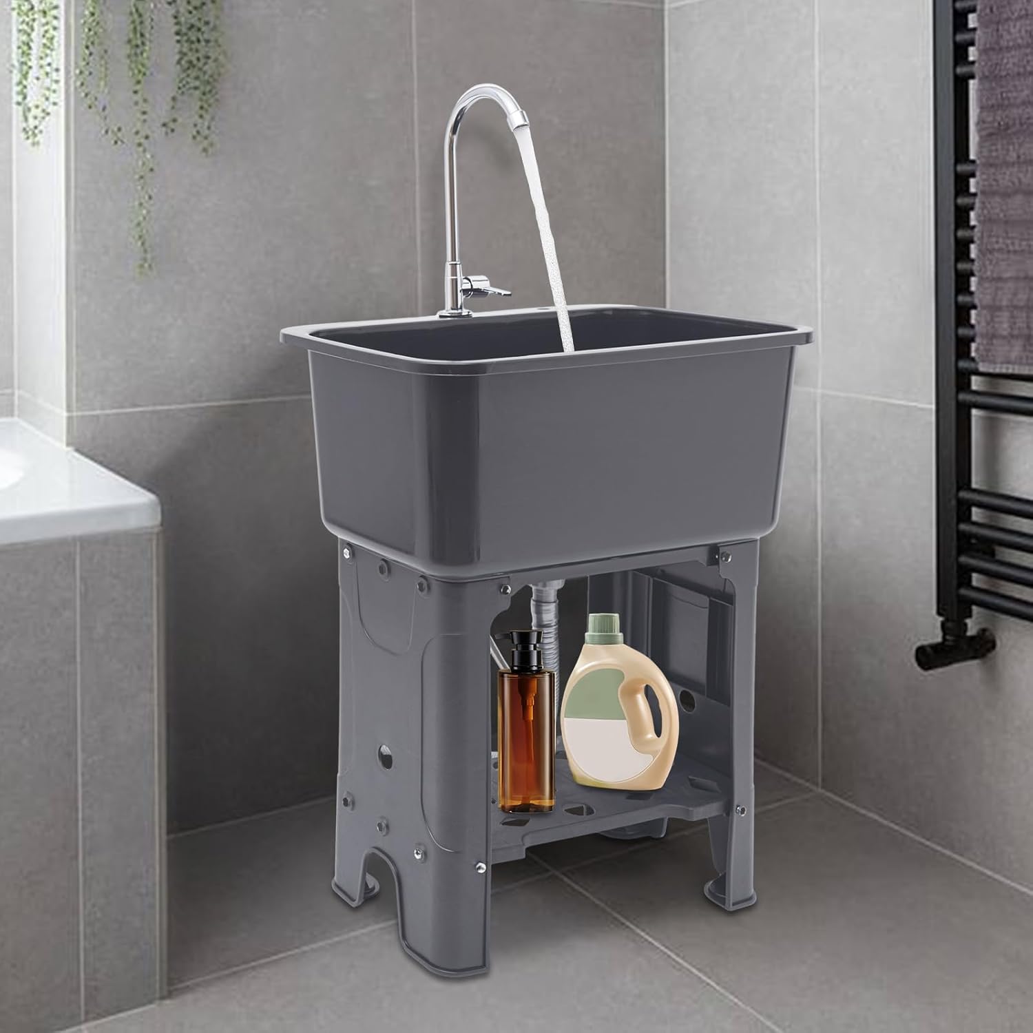 Utility Sink Freestanding Plastic Laundry Tub with Washboard Storage Shelf 360°Faucet and Lavadero Set,Large Free Standing Wash Station Tubs and Drainage for Wash Room,Garage,Grey