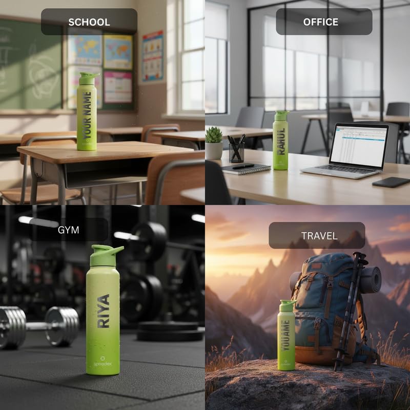 Image of Speedex Engraved Name Stainless Steel Sipper Water Bottle 1 Ltr - Customised Personalised Bottle for Kids & Adults, School, Gym, Sports, Lime Green, Set of 1