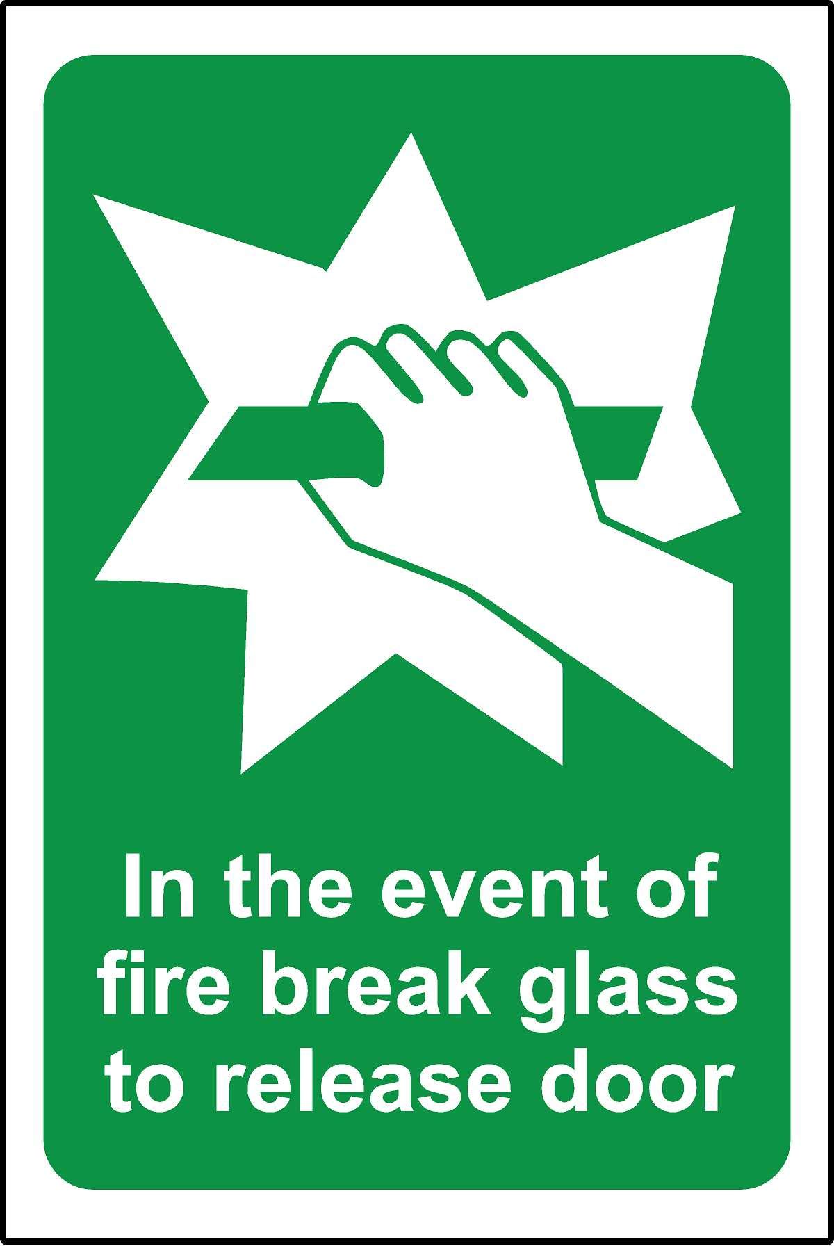 In the event of fire break glass to release door Safety sign - Self adhesive sticker 150mm x 100mm