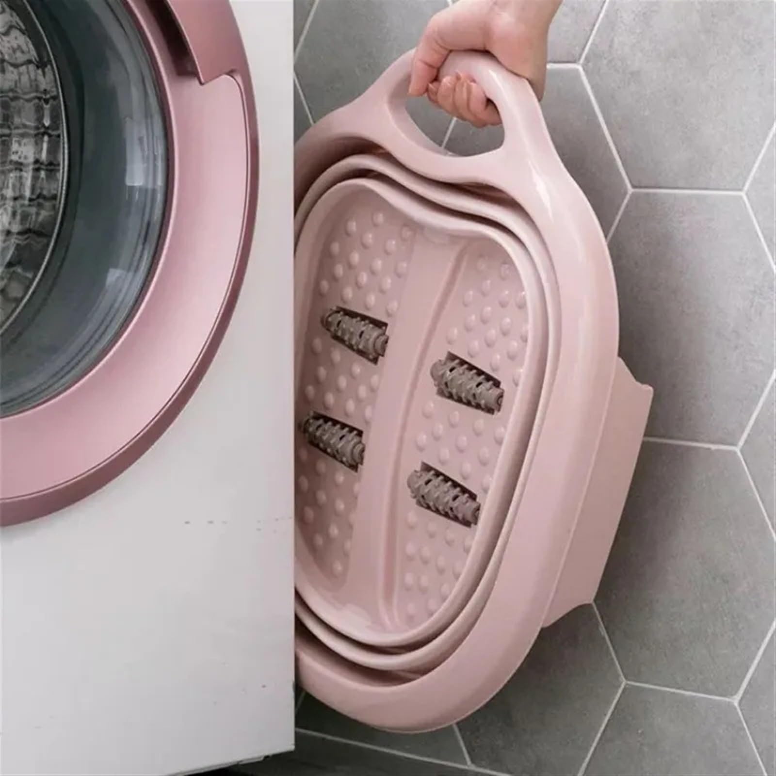 Secchio Pieghevole Per Piedi Pediluvio pieghevole Vasca da bagno portatile Secchio for immersione for massaggio ai piedi Bacino con coperchio for uso domestico(Pink)