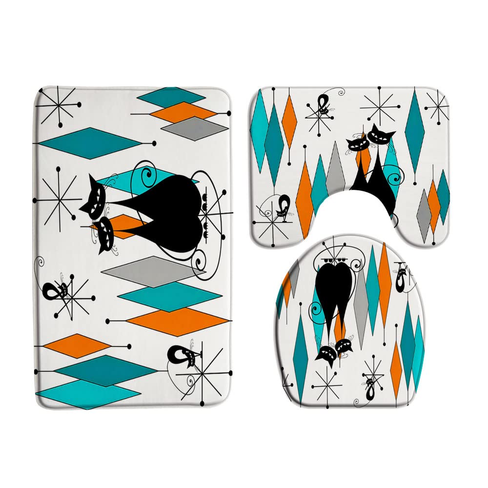 Mid Century Black Cat 3 Pcs Bath Rugs Set,Atomic Starbursts Cat Modern Abstract Geometric Iconic Retro 1950s 1960s Bathroom Kitchen Rug with 17.8