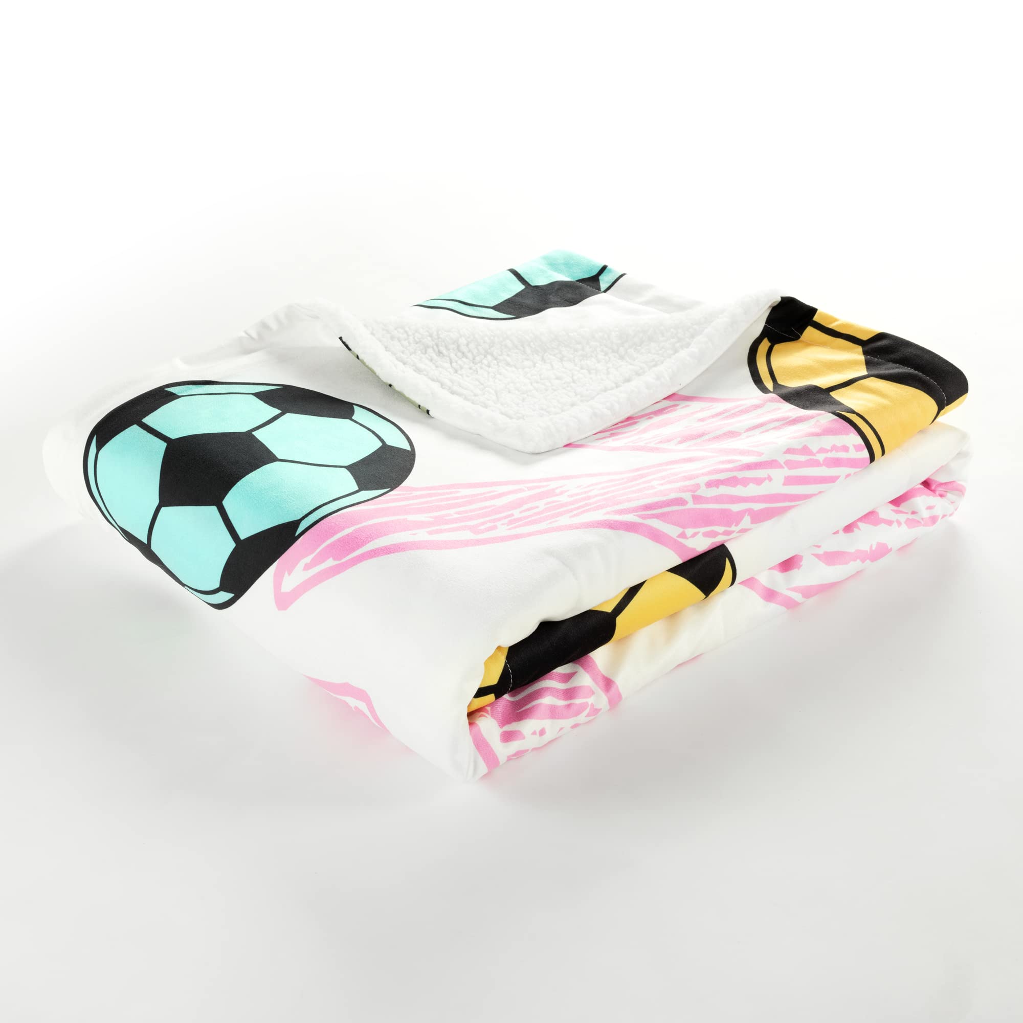 Lush Decor Girls Soccer Kick Sherpa Throw Blanket, 60" x 50", White & Turquoise