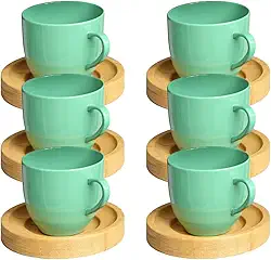 Jogo 6 Xicara Cafe Colorida Porcelana Pires Madeira 95ml - Mundo Da Porcelana (Verde)