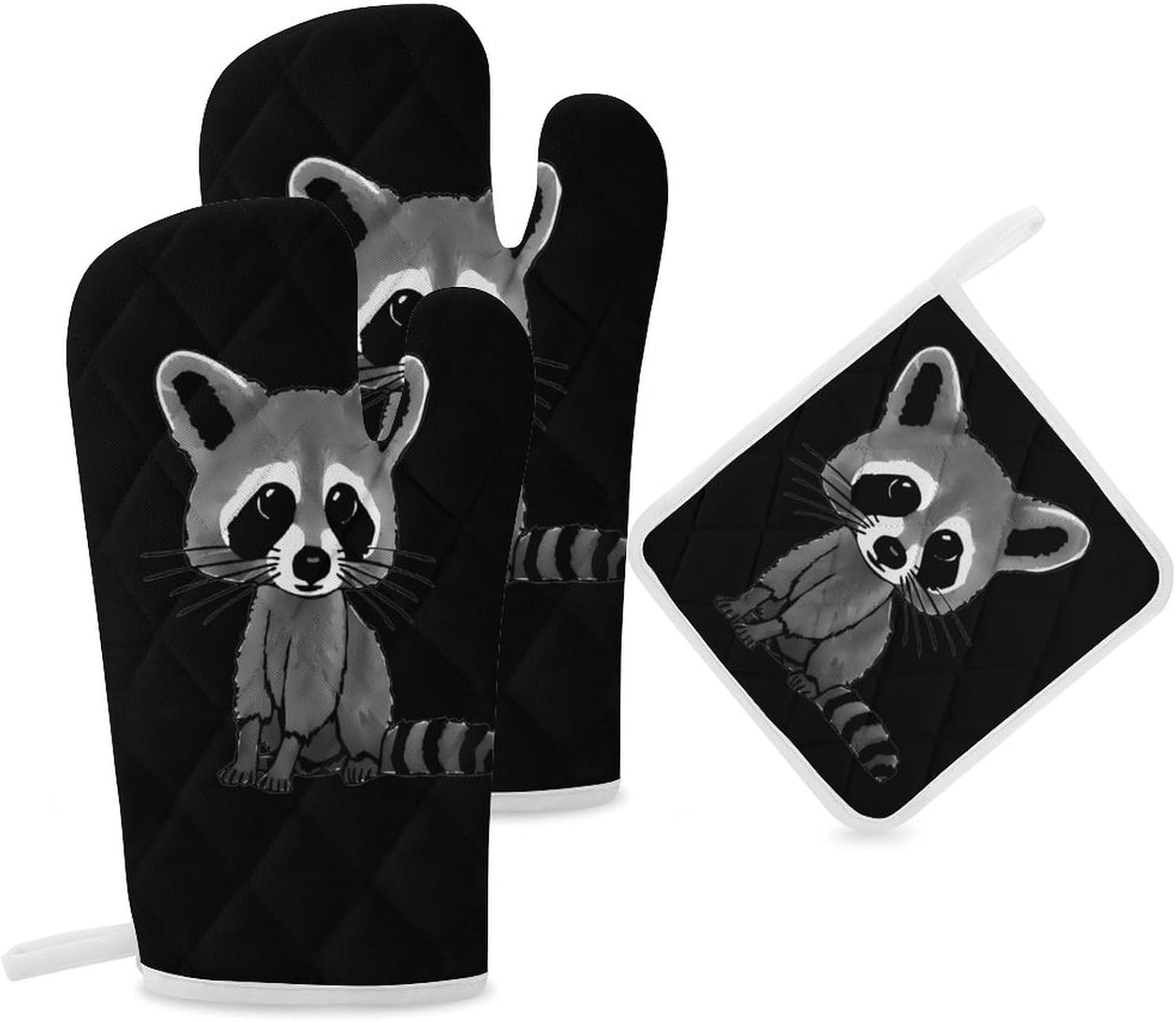Cute Raccoon Print Oven Mitts and Pot Holders 3 Piece Sets Heat Resistant Gloves Hot Pads Potholders for Kitchen Baking Cooking