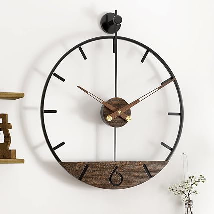 Modern Wood Walnut Dial Wall Clock, Large Simple Wall Decor Metal Frame Silent Non Ticking Clock