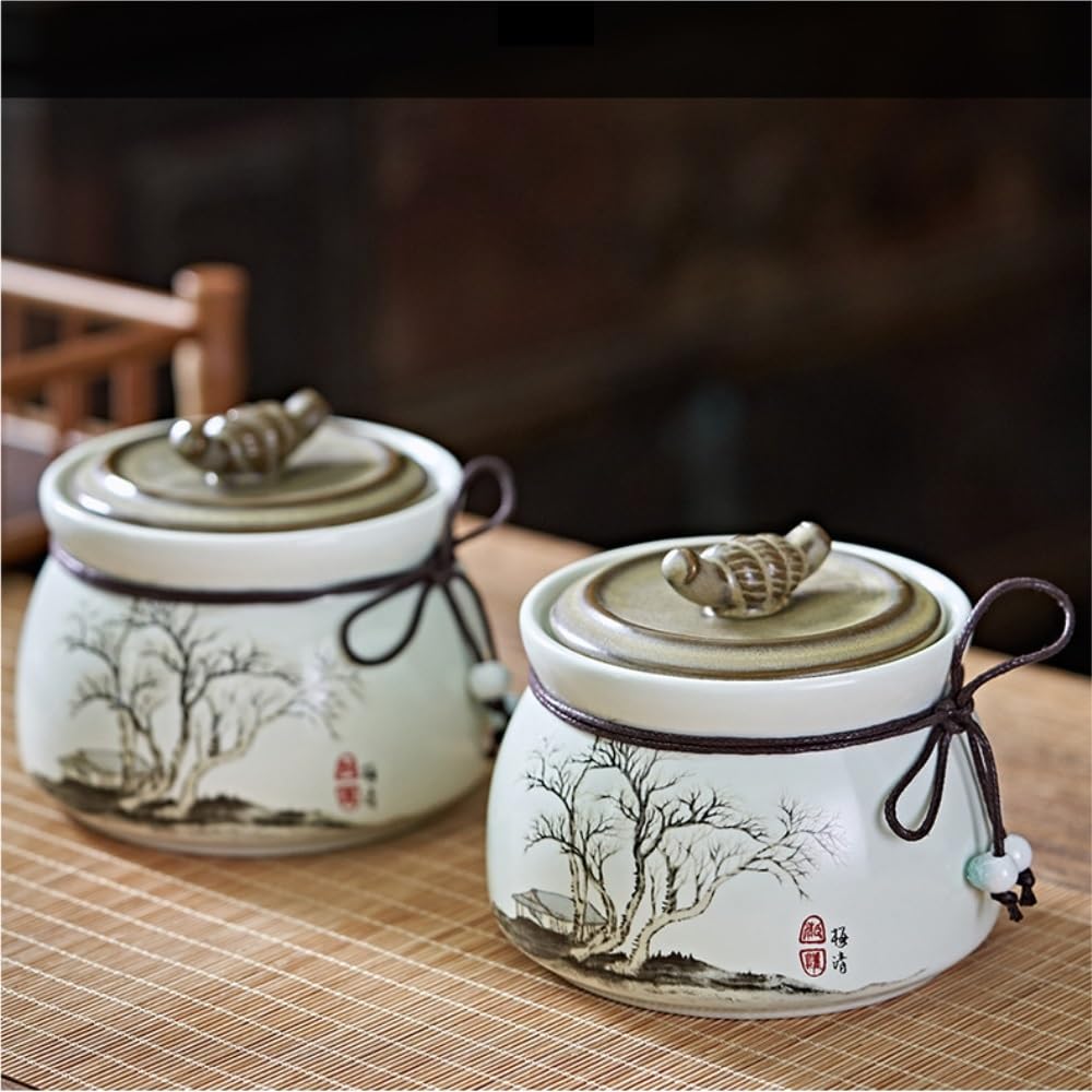Tarros de Té Recipiente for almacenar té suelto pintado a mano vintage, tarro de cerámica sellado, juego de té chino, caja de regalo con tarro doble Recipientes para Guardar Té con Tapas