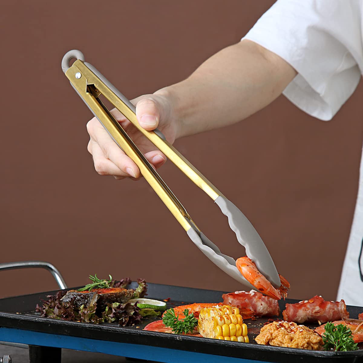 Pinzas de cocina doradas, pinzas de alimentos resistentes para cocinar con puntas de silicona y mango chapado en oro de titanio, pinzas de cocina, pinzas para parrilla, aptas para 7