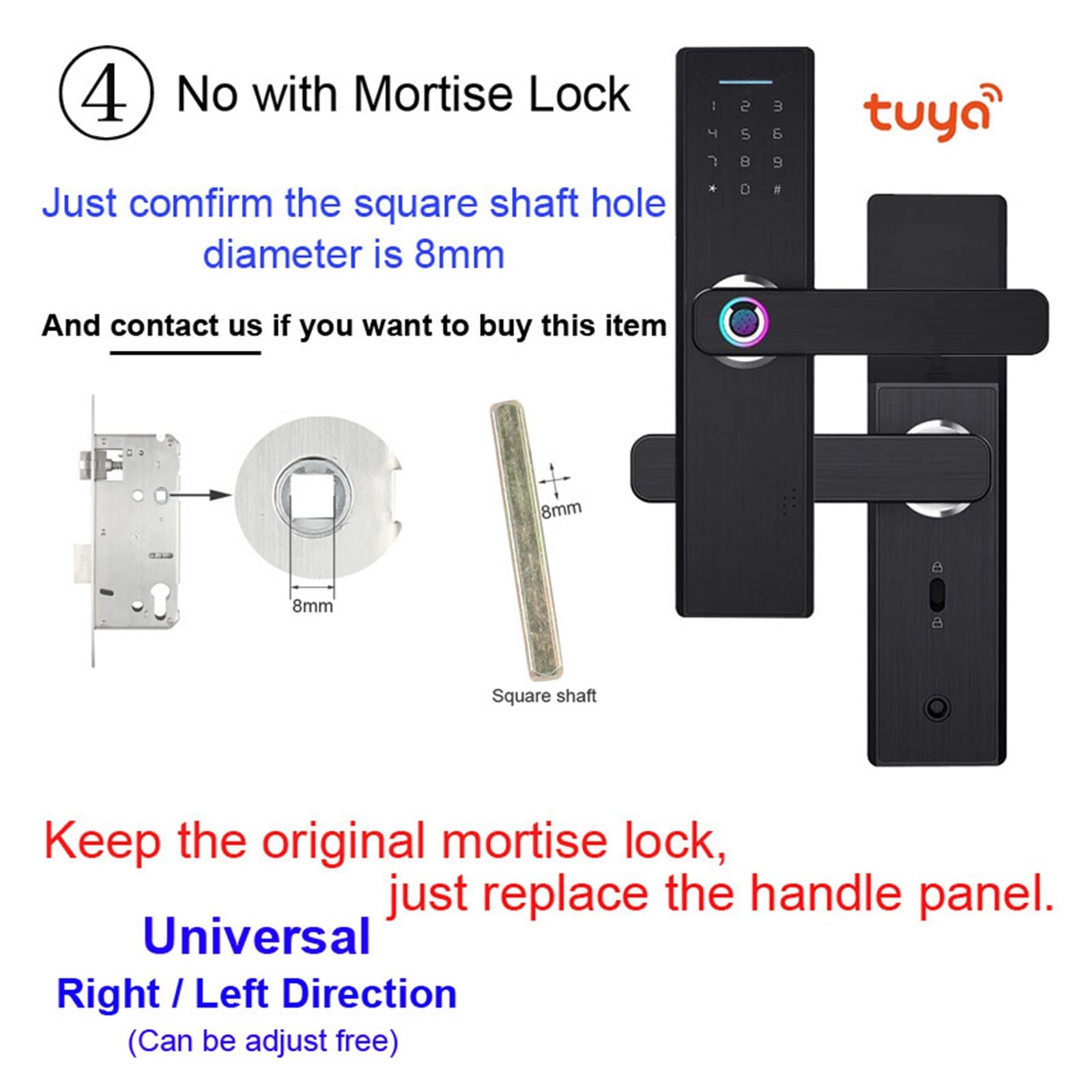 Serratura Smart, Serratura Elettronica con App Tuya da remoto/Impronta Digitale biometrica/Smart Card/Password/Chiave,Smart Lock Facile da Installare(Without Mortise Lock)