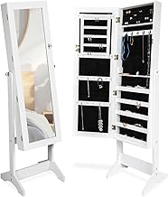 TecTake® Jewellery Cabinet with Built-In Mirror, 147 x 45 x 37 cm, Free Standing Mirror, Wardrobe Bedroom Jewellery Holder, Women's Necklace, Earrings, Ring, Furniture, Bedroom, Jewellery Box, White