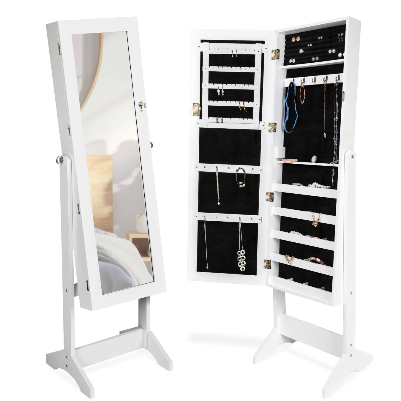 TecTake® Armoire à bijoux avec Miroir intégré, 147 x 45 x 37 cm, Miroir sur pied, Armoire Chambre Dressing Porte Bijoux Femme Collier Boucles d'oreille Bague Meuble Chambre Coffret bijou, Blanc
