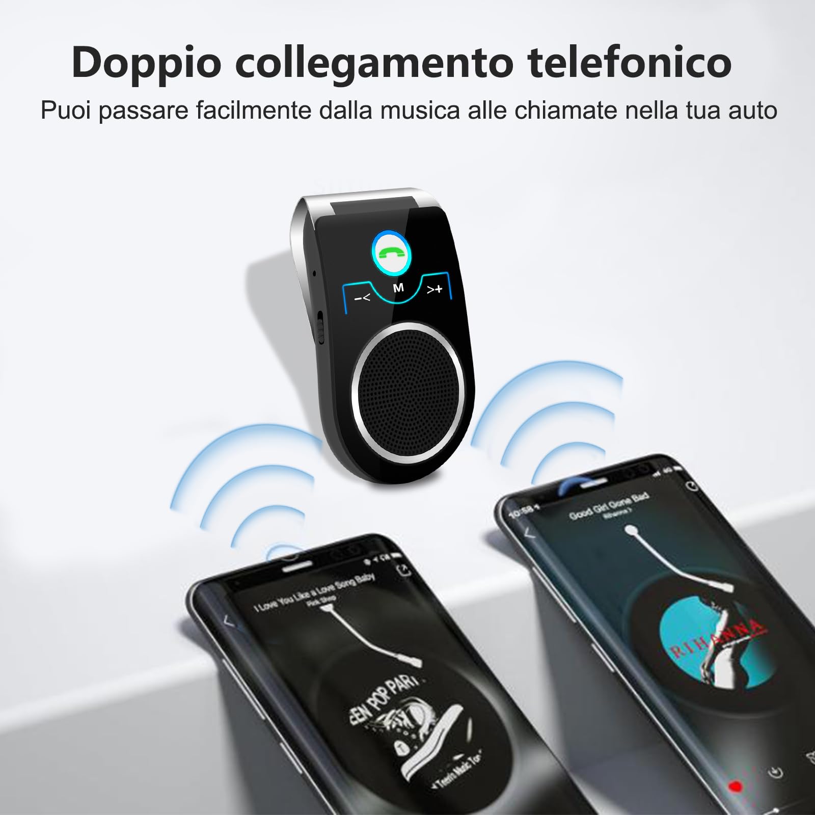Kit Vivavoce Bluetooth 5.0 per Auto, Microfono Integrato,Vivavoce da Auto Bluetooth per Chiamate Viva Voce, Musicale, GPS, Connettività Dual Link, iOS Siri e Vocale Assistant