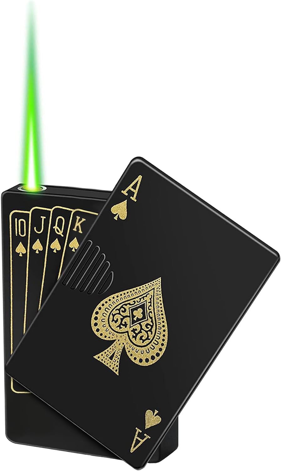 Jet Torch Lighter, Ace Card Green Flame Lighter, Metal Poker Design Windproof Refillable Butane Cool Lighter, Outdoor, Indoor, Camping, BBQ, Candle, Birthday, Gift for Men/Women (Without Gas)