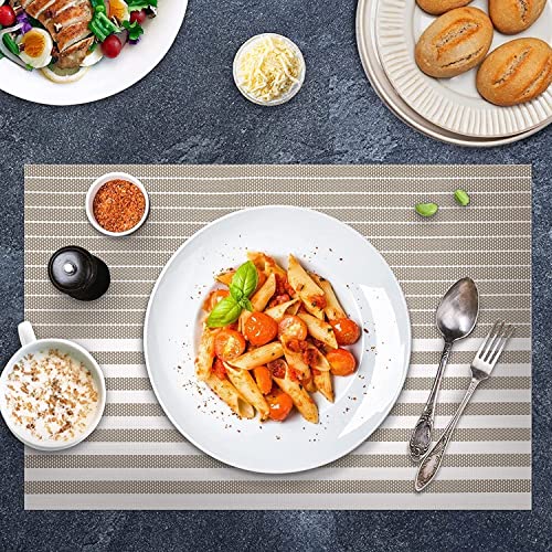 Image of YELONA Dining Table Placemats Set of 4 - Heat-Resistant, Non-Slip, Washable & Stain Resistant Woven PVC Vinyl Table Mats for Kitchen & Dining - 45 x 30 cm, Brown & White