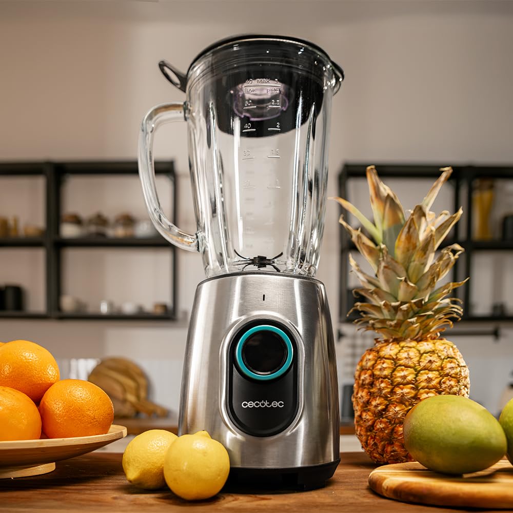 Cecotec Frullatore a Bicchiere Power Black Titanium 2000MAX Inox Pro. 1800W, 27800RPM, 8 Lame Titanio Nero, Caraffa Vetro 1.8L, 2 Velocità, Pulse, Tritaghiaccio, Lavastoviglie, Filtro Frullato