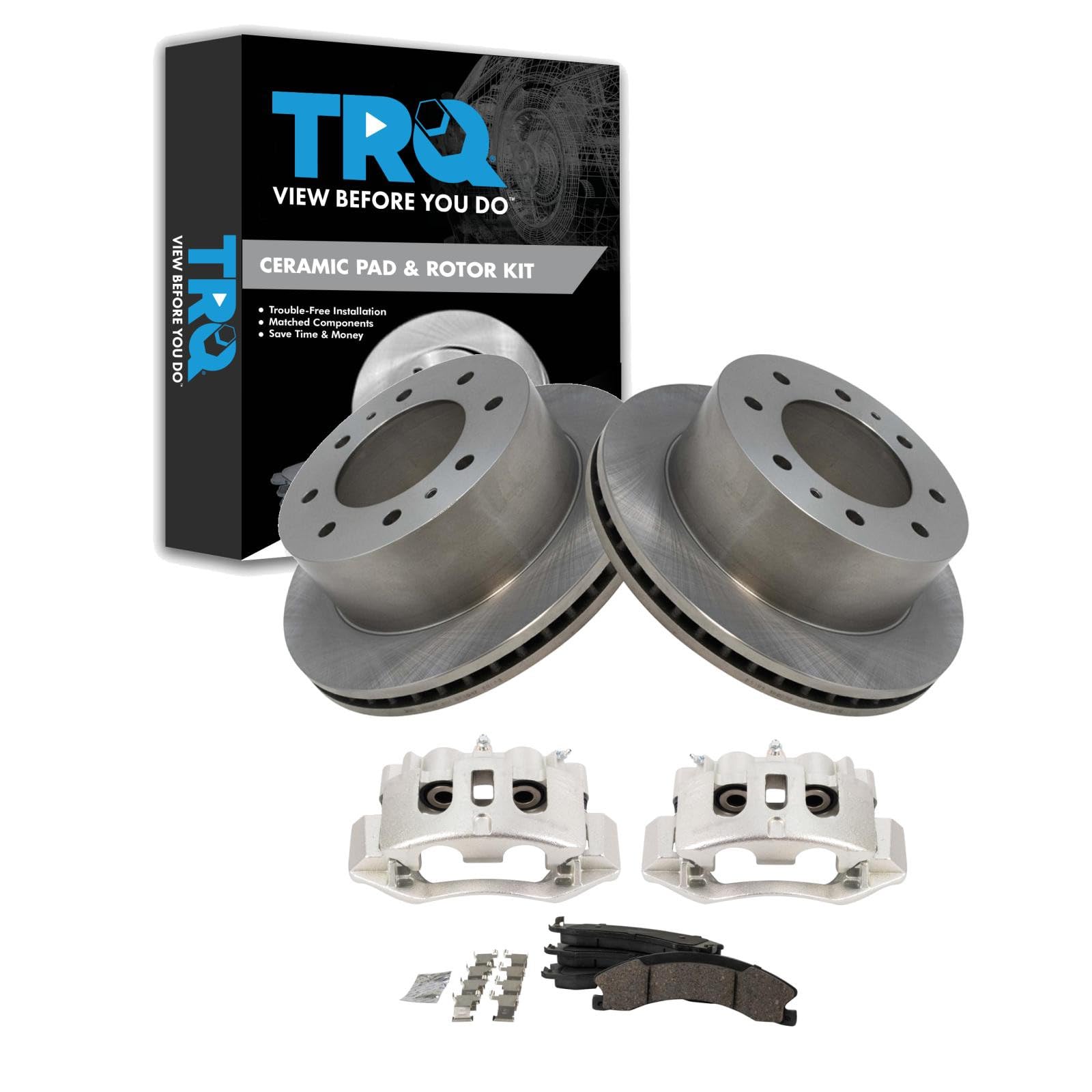 TRQ Rear Brake Pad &amp; Rotor Kit Compatible with 2011-2019 Chevrolet Suburban 3500 HD 2011-2019 GMC