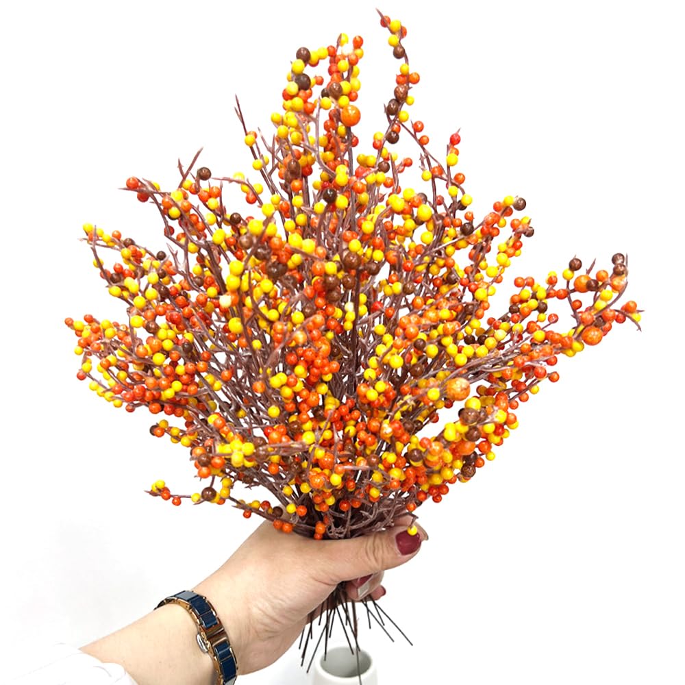 25PCS Fall Stems Artificial Berry Picks,10inch Tall Artificial Fall Berry Picks Autumn Berries Spray for Vases Thanksgiving Gifts Floral Arrangements Christmas Tree Autumn Harvest Party Decor (Orange)