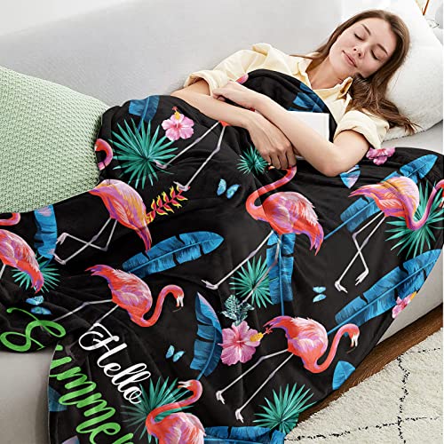 Udten Flamingo Throw Blanket - Hello Summer Flamingo Flannel Printed Blanket, Hawaiian Tropical Theme Bed Couch Sofa Travel Throws For Teens Adults Room Decoration(50" X 60") #TOP1