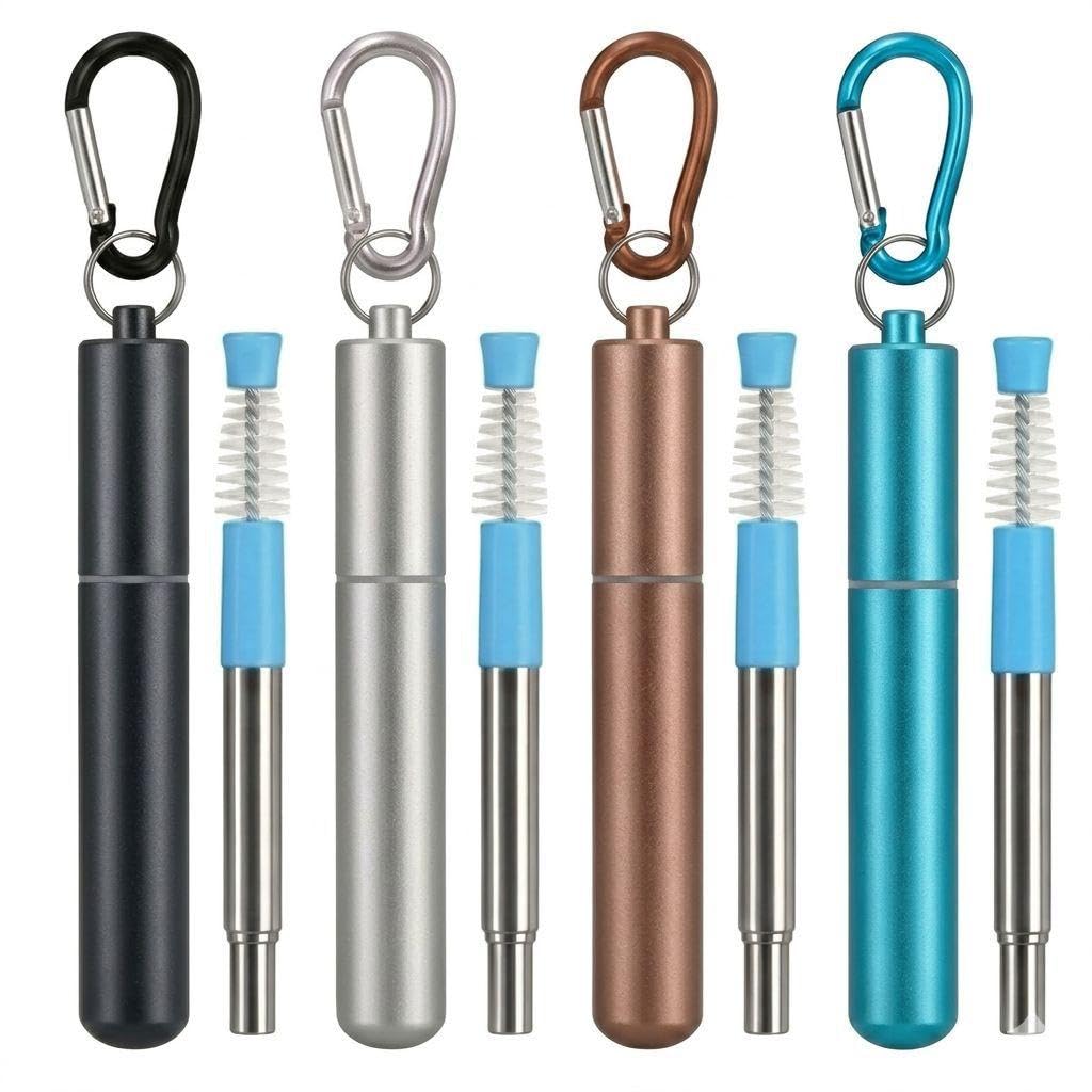 Metal Straws Reusable Drinking, 4 Pack Foldable Travel Straws with Carry Case, 304 Stainless Steel, Adjustable Length up to 23cm, Includes Cleaning Brush, Eco-Friendly