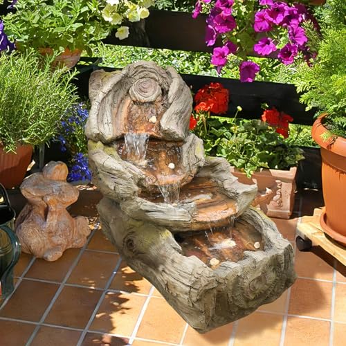 Image of Sunlinua 31.5 inch L Outdoor Water Fountain with 3 Tiers Cascading Realistic Tree Trunk Waterfall Fountains with LED Lights Outdoor Water Fountain for Garden Patio Backyard Porch Home Decor