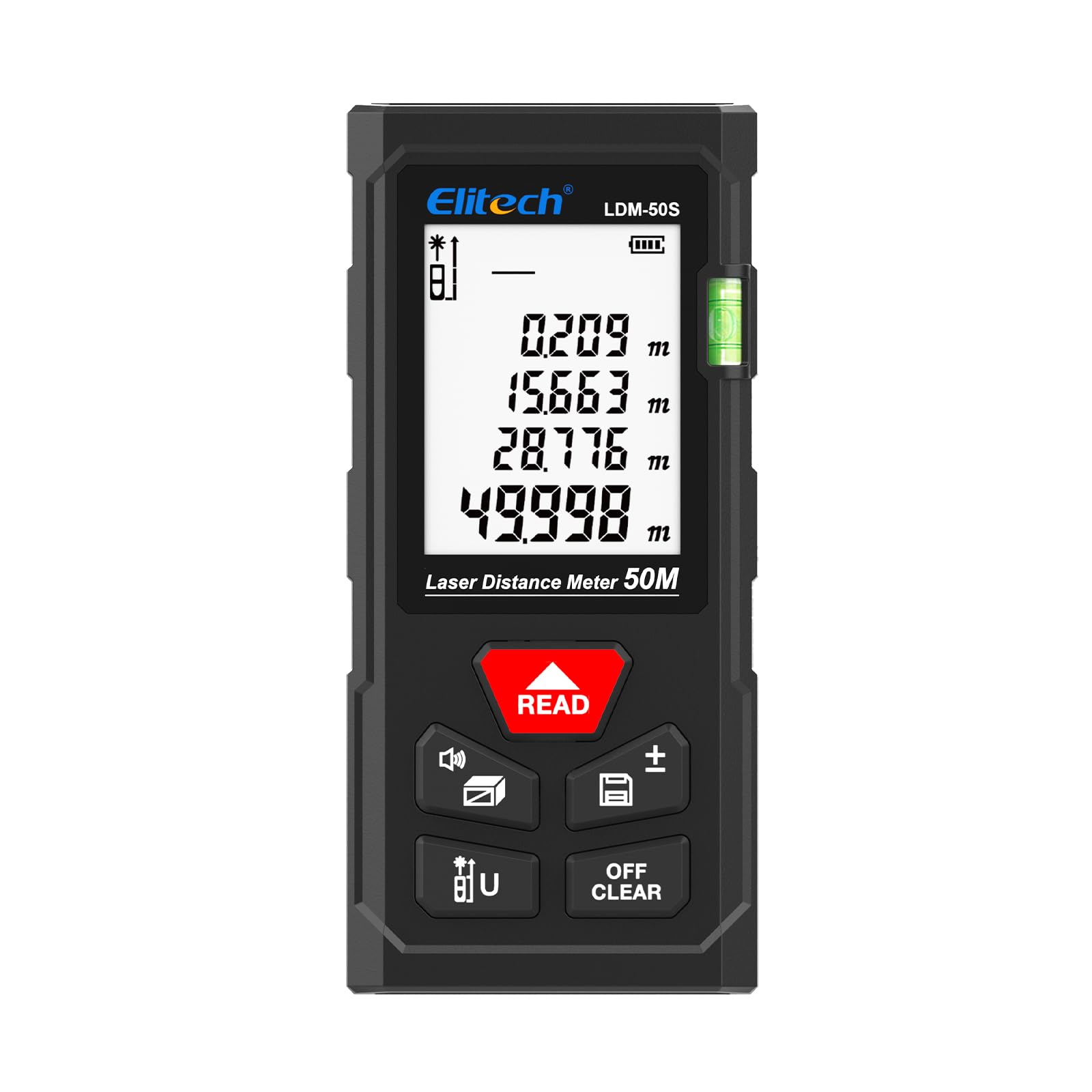 Elitech Laser Measur 50M with 1 Bubble Levels, Digital Laser Distance Meter for Measuring Distance Area Volume Pythagoras