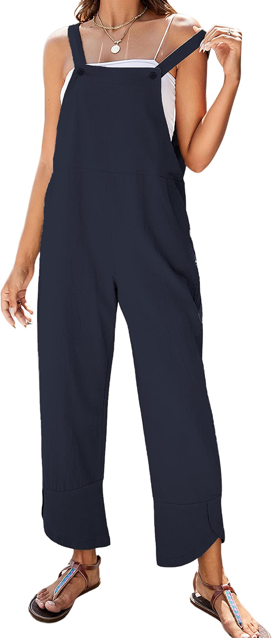 APAFESWomen Summer Sleeveless Cotton Linen Bib Overalls Tulip Baggy Capri Jumpsuits with Pockets