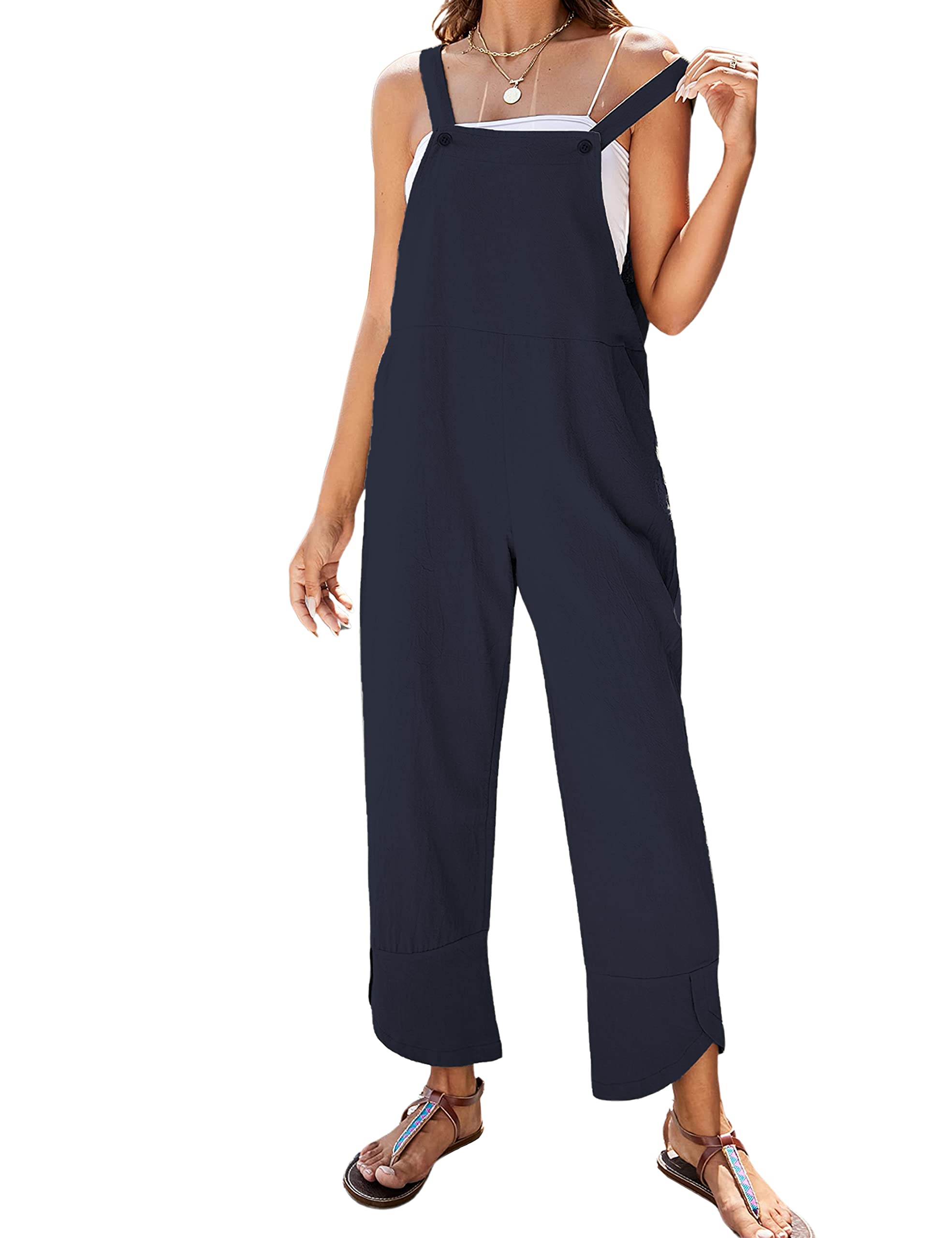 APAFESWomen Summer Sleeveless Cotton Linen Bib Overalls Tulip Baggy Capri Jumpsuits with Pockets