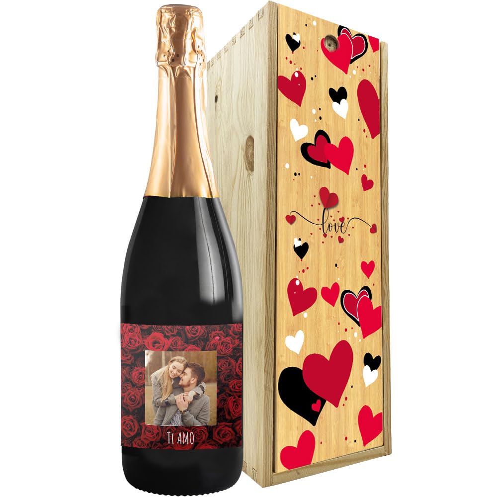 Regalo San Valentino - Prosecco DOC personalizzato e cassa legno - Idea regalo per innamorati, bomboniere, anniversario di fidanzamento e di matrimonio (Foto e testo, Love)