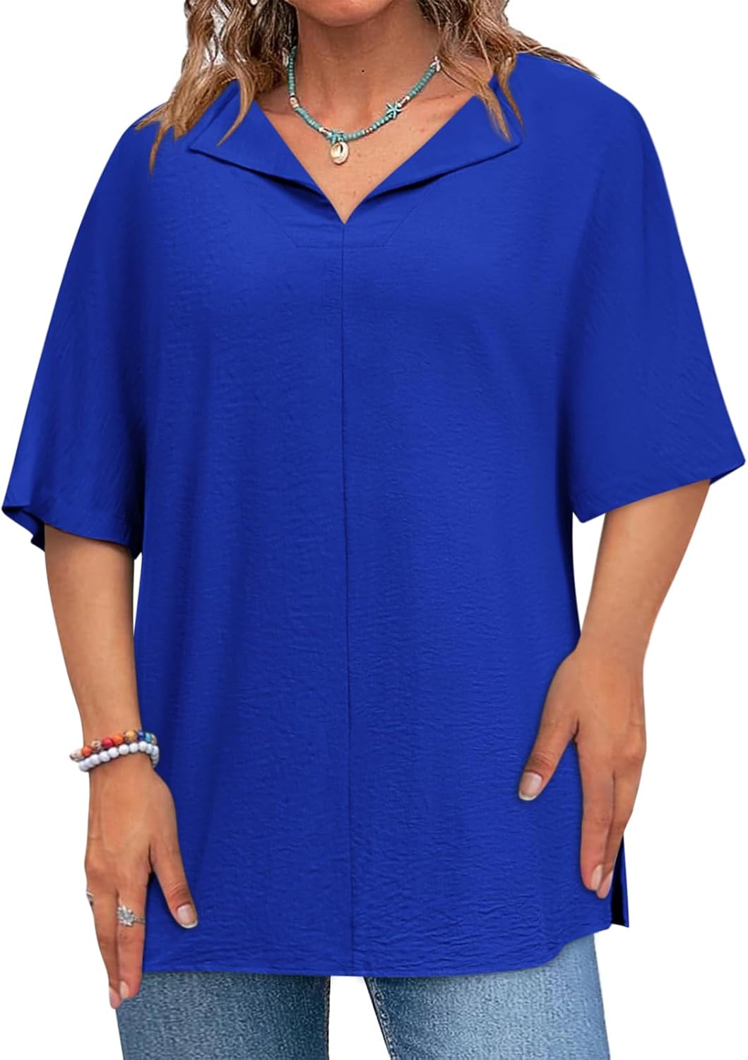 Lueluoye Womens Plus Size Tops Short Sleeve V Neck Tee Blouse Summer Loose Fit Casual Tunic Top XL-5XL - Image 3