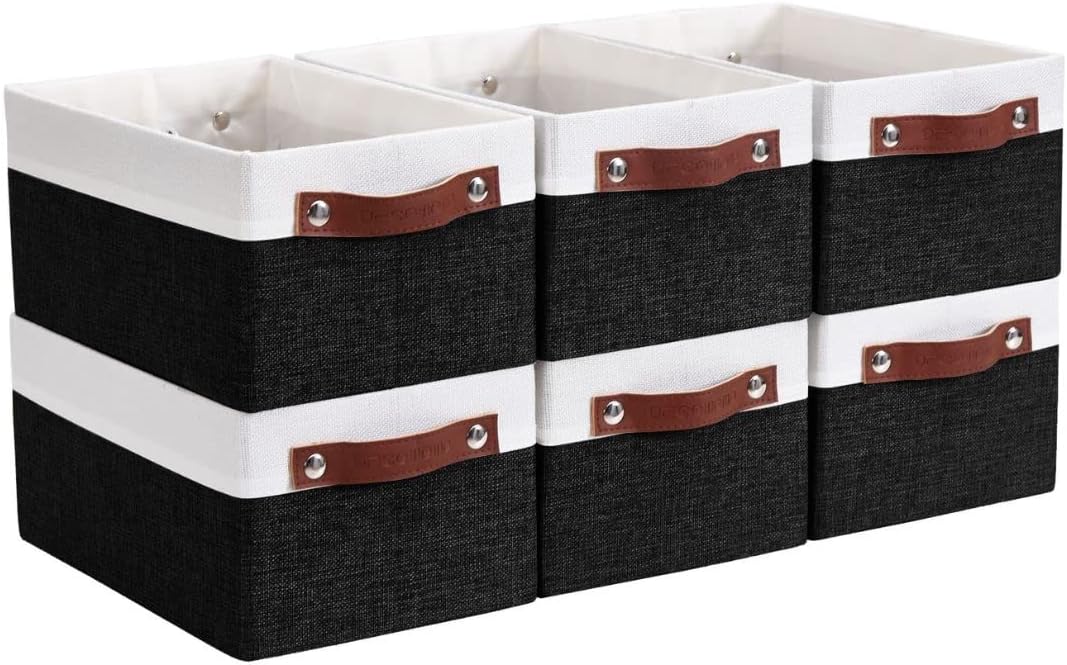 DECOMOMO Small Basket Storage Bins Collapsible Baskets for Organizing Shelves Bathroom Toy Baby Closet Gift Baskets Nursery Linen Closet Organizers with Handles (Black & White)