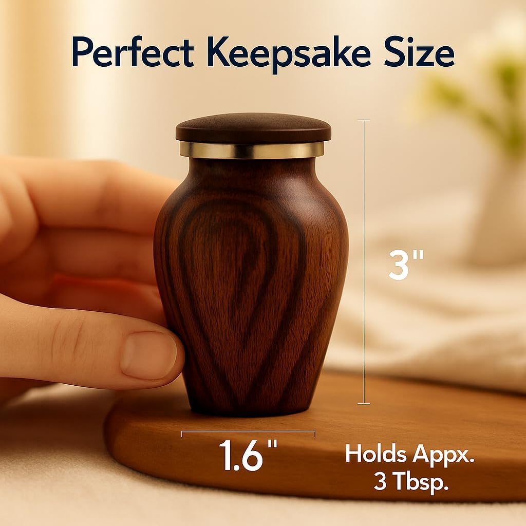 Small Keepsake Urn for Human Ashes – Cherry Wood Appearance Memorial – Handcrafted Mini Urn for Sharing – Recycled Cast Aluminum – Secure Lid - Velvet Bag & Funnel – Decorative Container