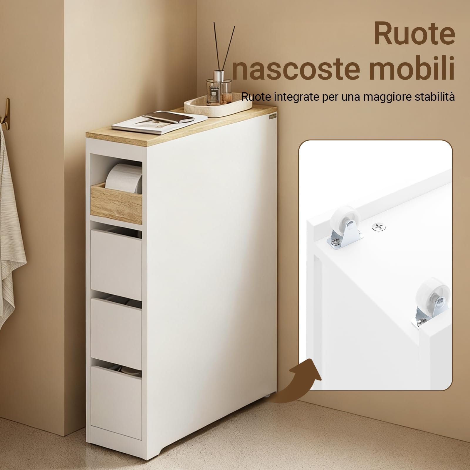 SoBuy Mobiletto Bagno Salvaspazio Stretto 20cm con Ruote 60x20x82.3cm | Mobile con 3 Cassetti In Legno Compatto per Bagni Piccoli, WC E Cucina, Bianco, BZR54-K-W