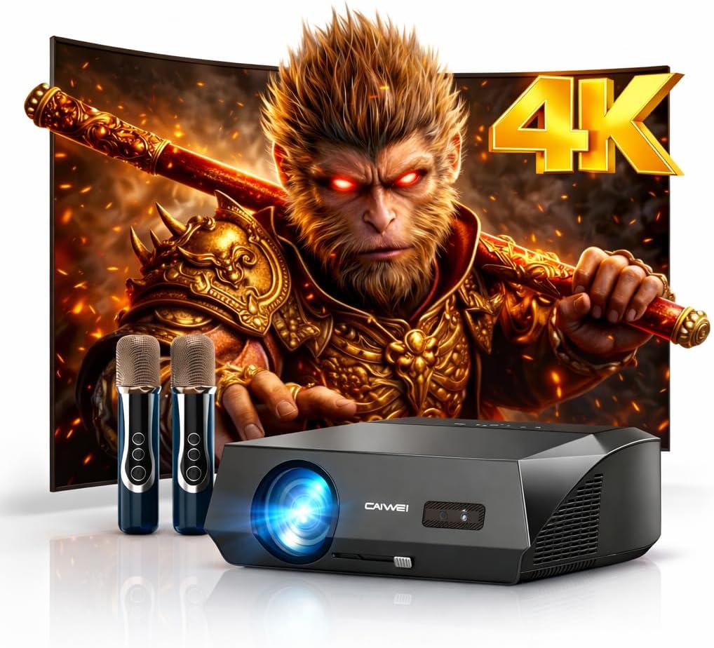 2300 ANSI Daytime Projector 4K, Smart Home Karaoke Projector, 2 Mics 38W Speakers, Built-in Steaming Apps Wireless Mirroring, Auto Focus Projector with WiFi6 and Bluetooth for Outdoor Movie Gaming KTV