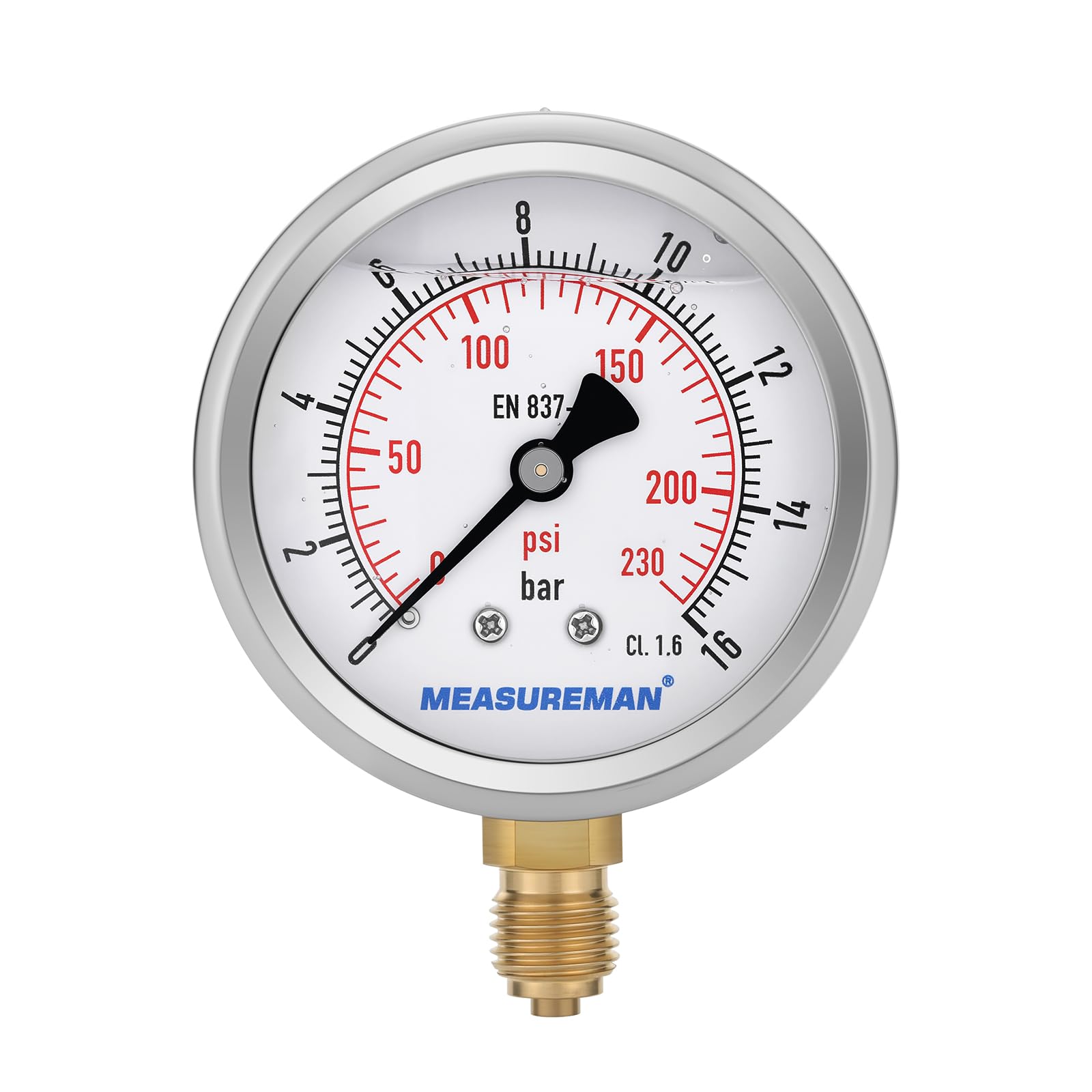 2.5" Glycerin Filled Pressure Gauge, 0-16bar, 304 Stainless Steel Case, 1/4" BSP Bottom Connection