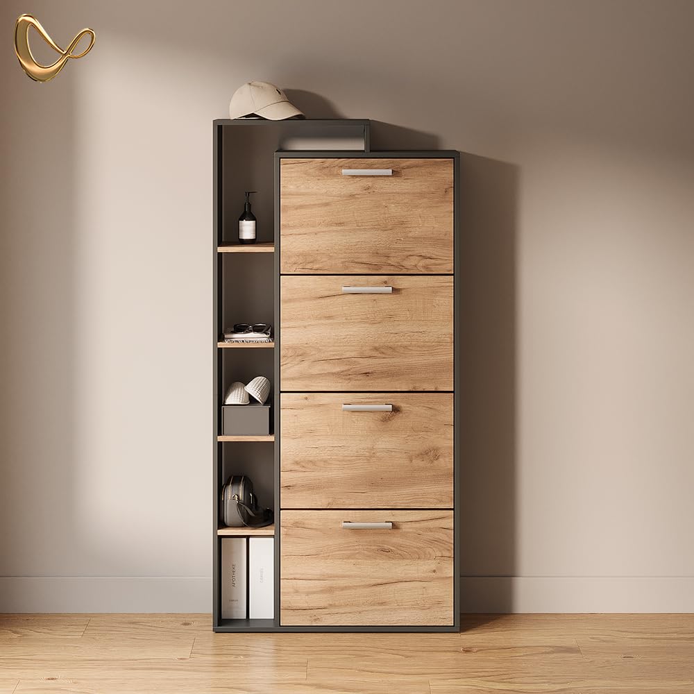 Livinity Zapatero Ortello, Oro power roble/antracita, 80 x 166.1 cm con 4 compartimentos