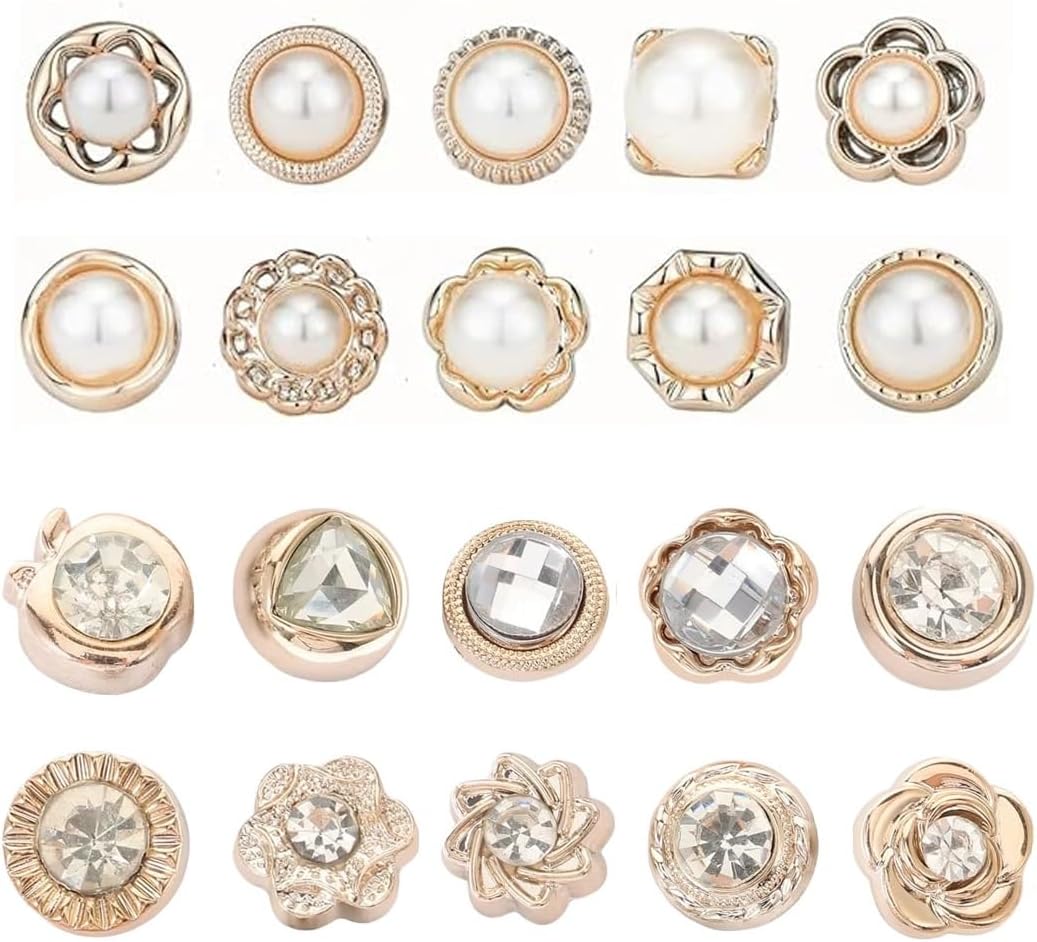 LUVINA 20Pcs Button for Women Shirt Button for Clothing Dress Supplies Clothing Bags Accessories Supplies DIY Crafts, Brooch for Women Shirt Brooch Buttons Cover up Button (Pearl + Diamond (20pc))