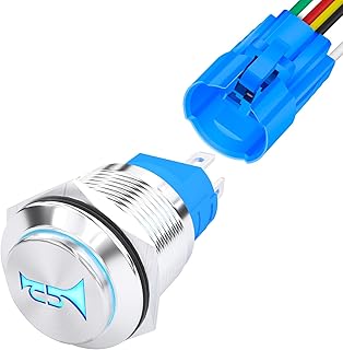 DaierTek Horn Button Switch 12 Volt Momentary Push Button Switch 12V Air Horn Button Switch Speaker LED Stainless Steel 16mm Metal Switch for Automotive Car Marine Boat Train