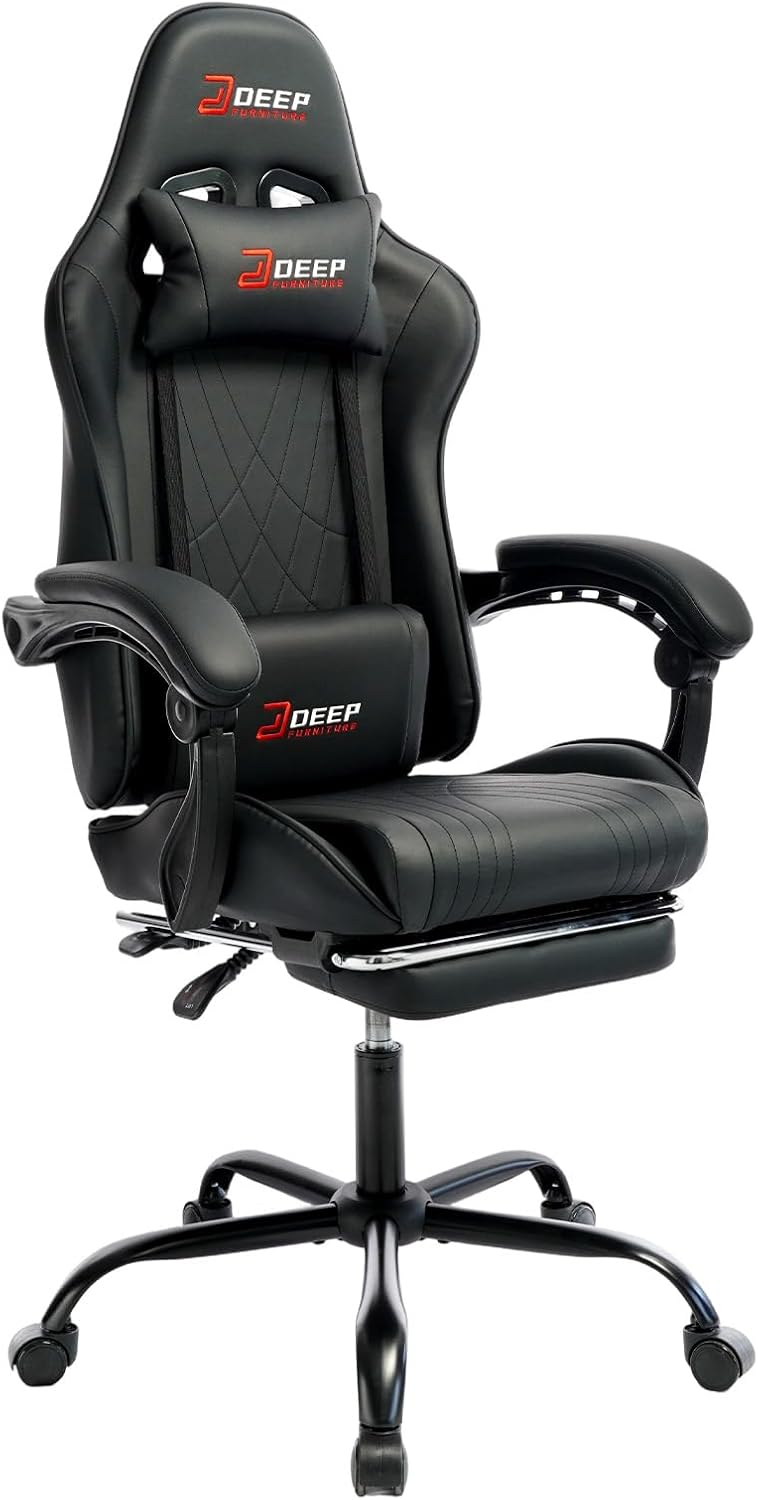 Ergonomic Gaming Chair with Footrest and Lumbar Massage, Racing Office Chair, High Back Computer Desk Chair with Headrest Pillow for Adults, Video Game Chair for PC Gamer (1001-Black)