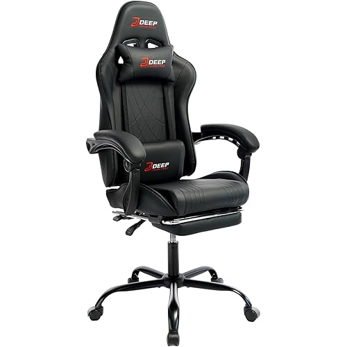 Ergonomic Gaming Chair with Footrest and Lumbar Massage, Racing Office Chair, High Back Computer Desk Chair with Headrest Pillow for Adults, Video Game Chair for PC Gamer (1001-Black)