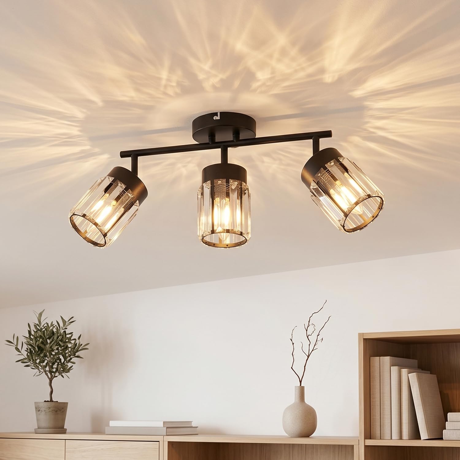 ANWIO Faretto da Soffitto LED 3 Luci,Lampadari di Cristallo a Soffitto,Lampada Vintage Industriale E14-Lampada da Soffitto con Paralume in Vetro Per Soggiorno, Cucina, Corridoio-Senza Lampadina