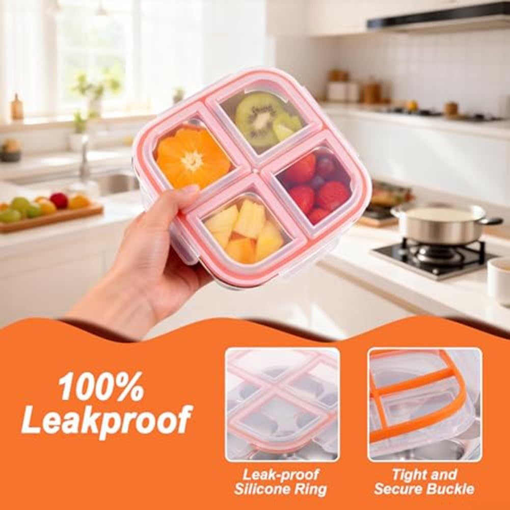 Contenitori per snack in acciaio inox a prova di perdite, 600 ml, con divisori interni, riutilizzabili, per mangiare sano, scuola, lavoro e attività all'aperto (nero)