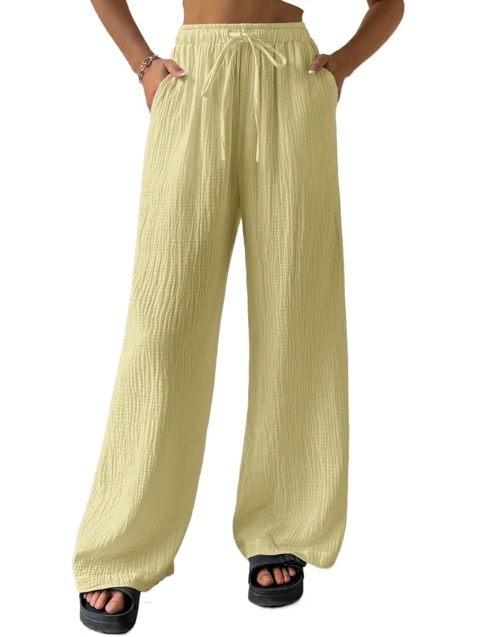 Womens Fall Tie Waist Pocket Loose Fit Pants Wide Leg Trousers Yellow