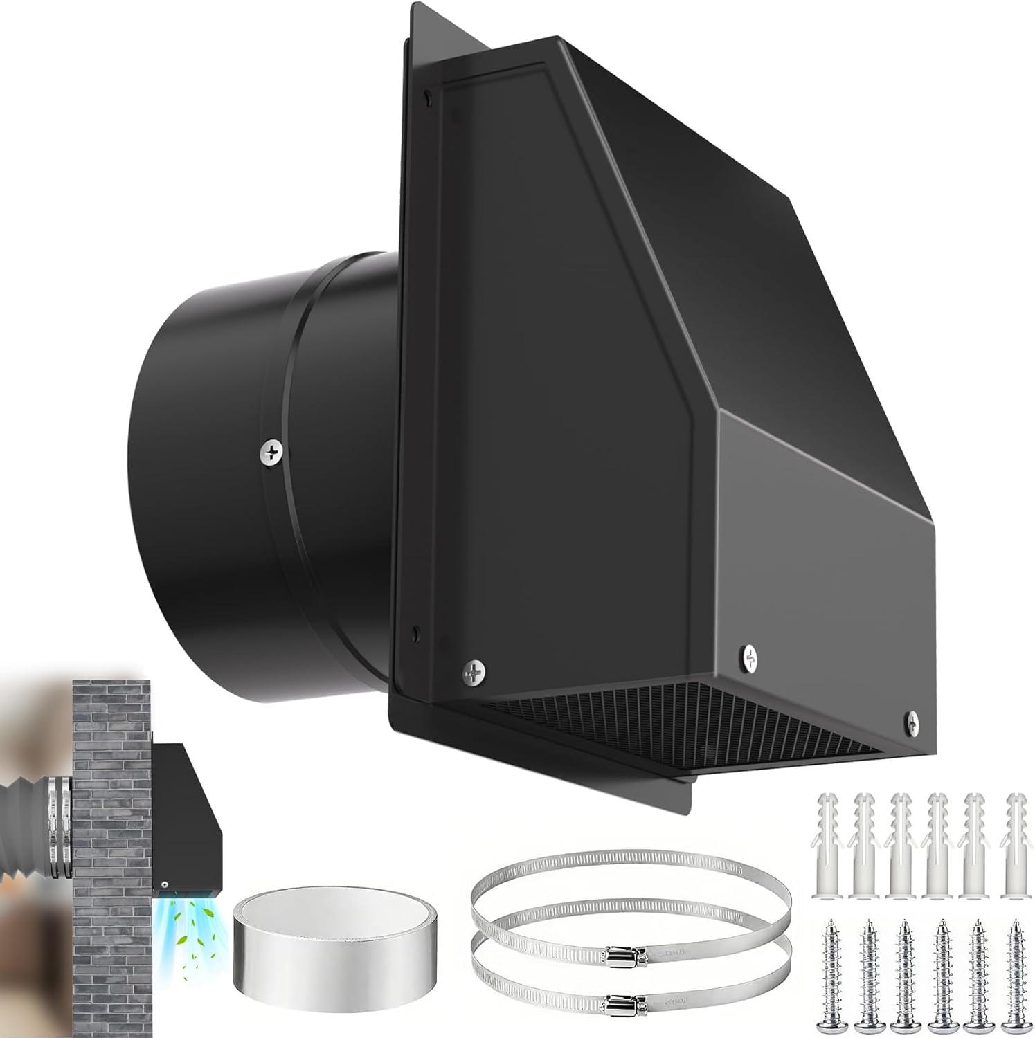 8 Inch Hooded Wall Vent with Screen and Damper, Outdoor Wall Exhaust Vent Cover Cap Kit for Exterior Kitchen Range Hood Bathroom Ventilation Dryer HVAC Duct Air Exhaust Vents, Galvanized Steel, Black