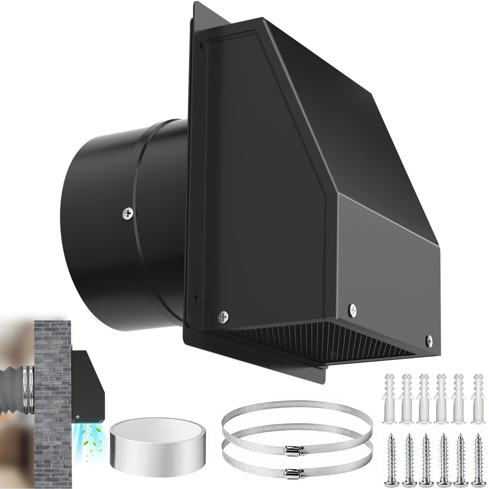 8 Inch Hooded Wall Vent with Screen and Damper, Outdoor Wall Exhaust Vent Cover Cap Kit for Exterior Kitchen Range Hood Bathroom Ventilation Dryer HVAC Duct Air Exhaust Vents, Galvanized Steel, Black