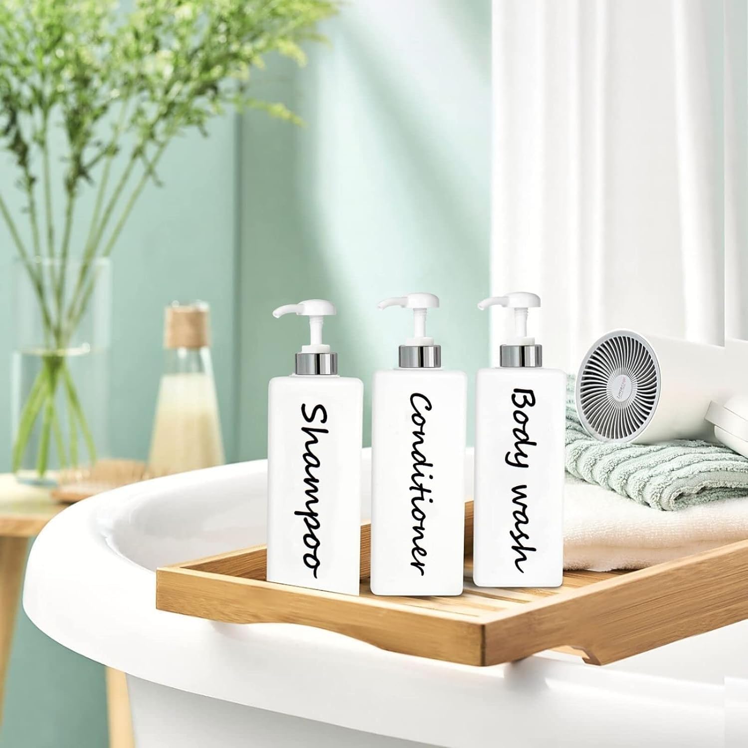 Dispensador de champú y acondicionador de 21 onzas (juego de 3) botellas de bomba de champú recargables modernas para jabón de ducha, juego de dispensador de champú vacío, acondicionador y lavado