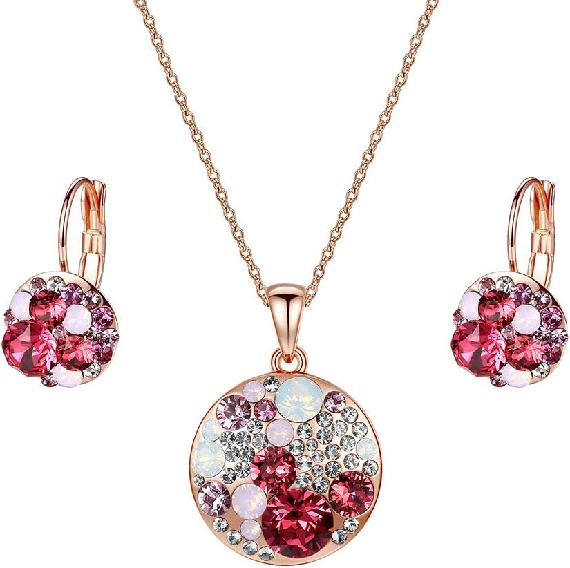 EVEVIC Austrian Crystals Round Disc Pendant Necklace Earrings for Women 14K Gold Plated Hypoallergenic Jewelry Sets