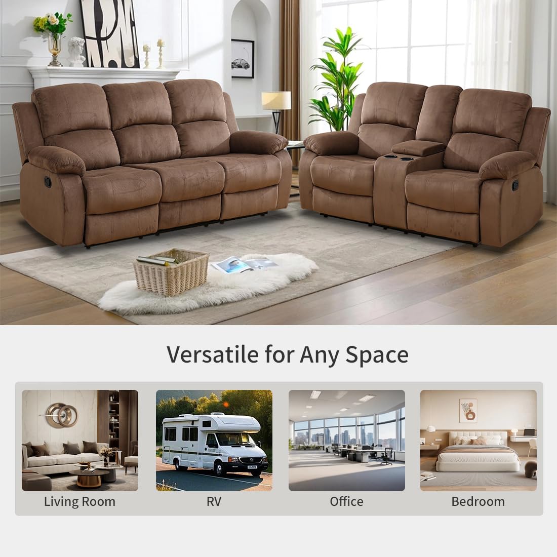 Toseslo Living Room Furniture Sets, Manual Reclining Sofa and Lovseat Set with Drop-Down Table, Corduroy Recliner Couch Sets, Recliner Sofa with Storage Console/Cup Holder for Home/Apartment(Brown) view 6