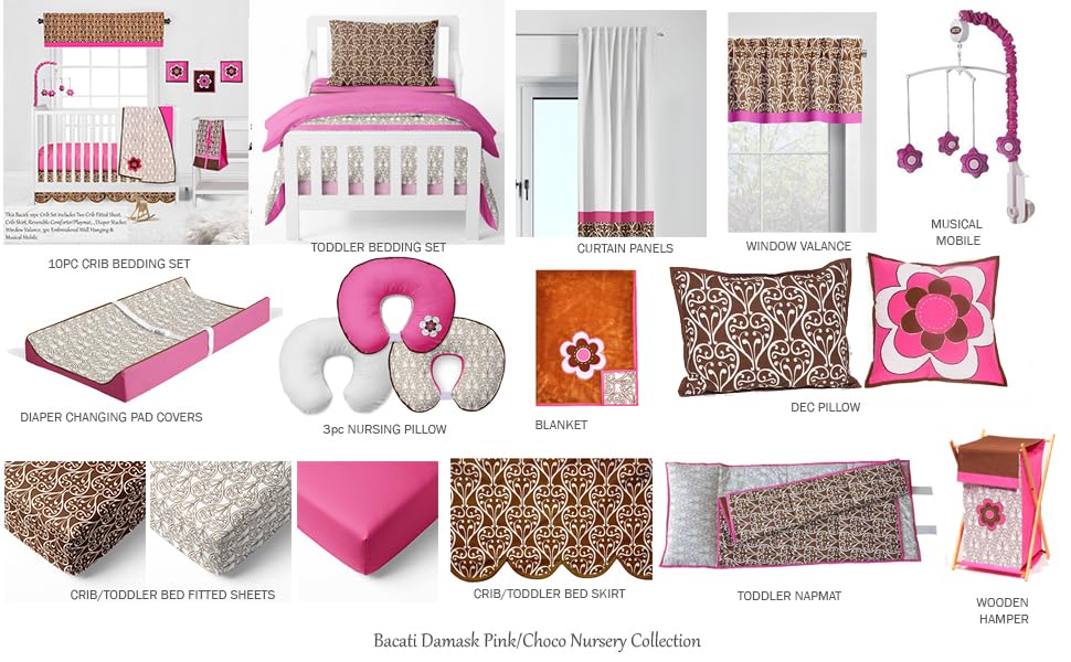 Miniatura 8 de Bacati - ONE Damasco marrón sobre blanco impreso niñas 100% algodón suave transpirable percal cuna  cama infantil