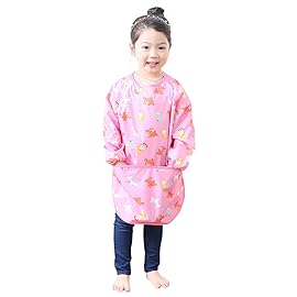 Plie Kids Painting Apron - Waterproof Long Sleeve Art Smock for Toddlers & Preschoolers, Messy Play, Baking, Crafts, Cooking, Sensory Activities (Ages 1-10), Pink Animal (04-M)